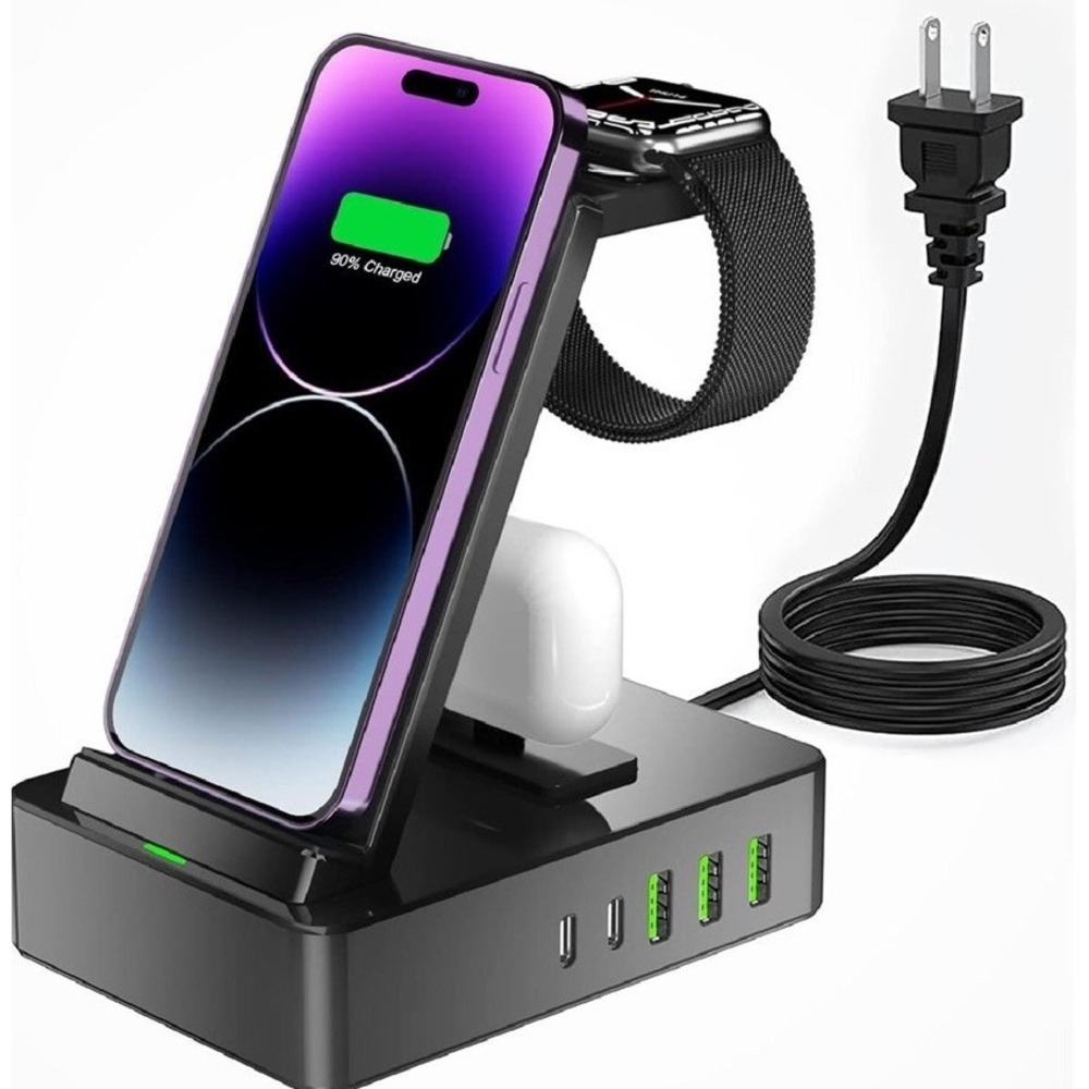 8 in 1 Wireless Charging Station 100W Fast Charger Dock USB-C Ports Black NIB
